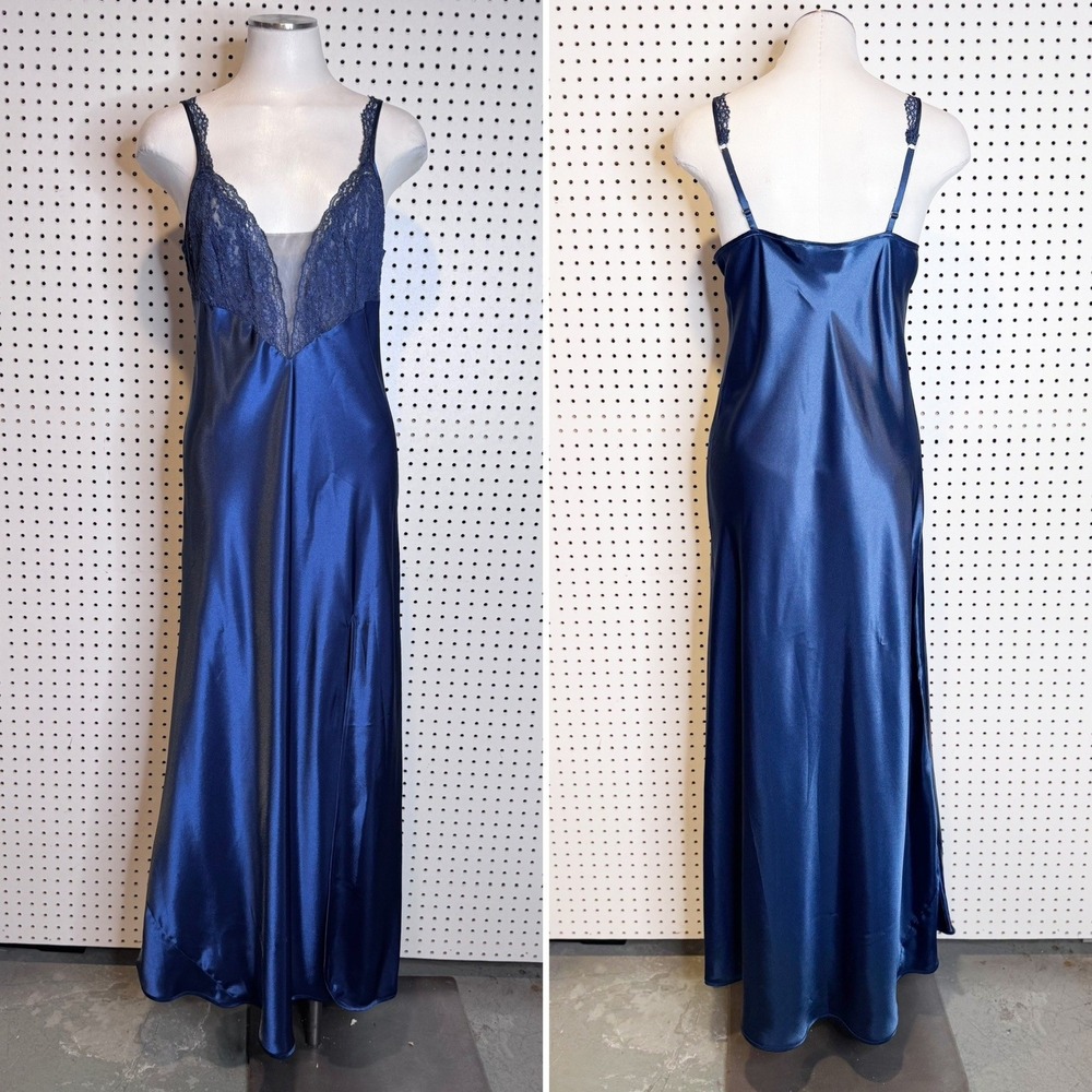 Victorias Secret | 80s Vintage Gold Label Navy Blue Satin Maxi Chemise Slip‎